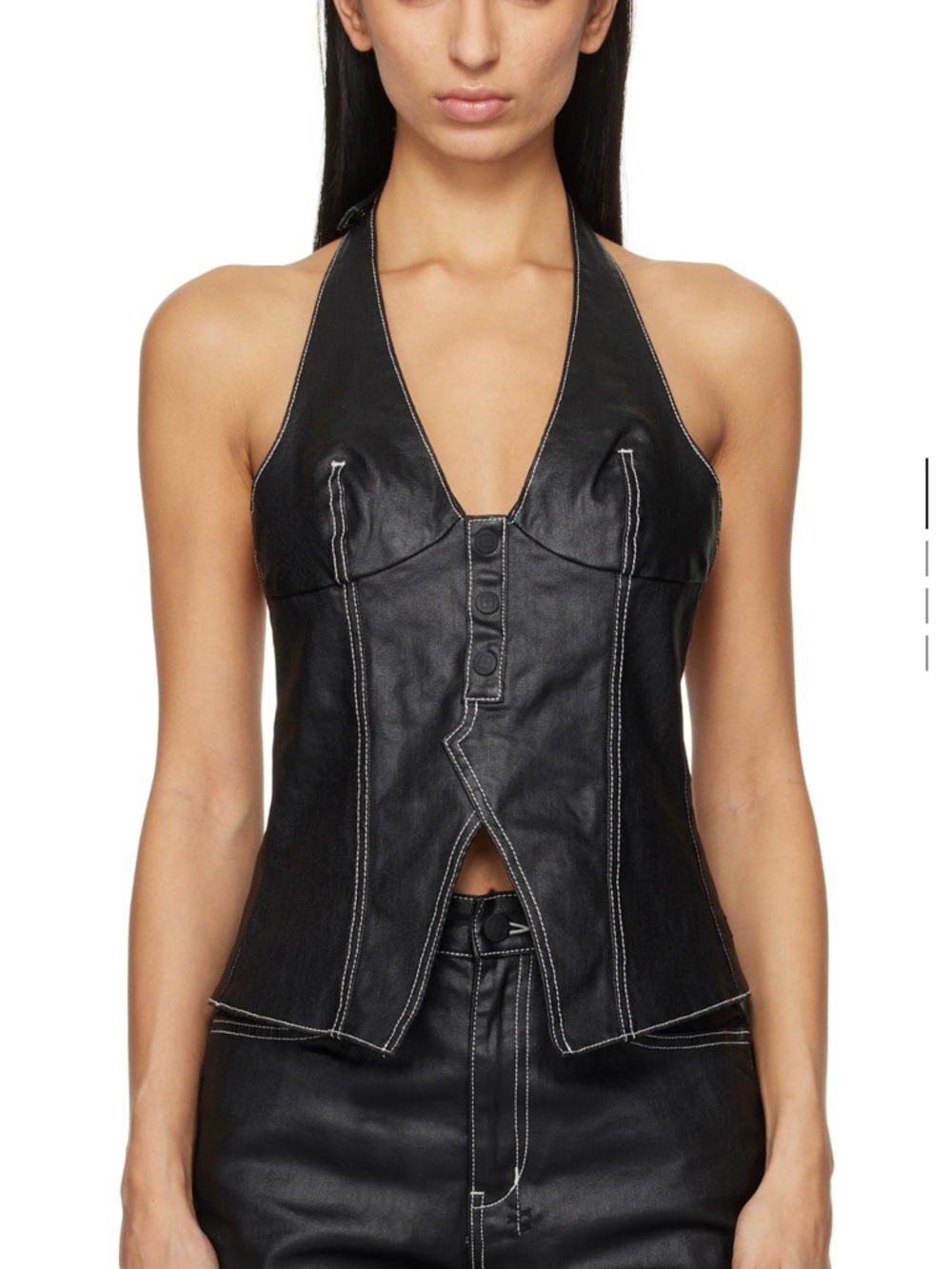 Ksubi Black Leather Coated Denim Halter Top with Contrast Stitching